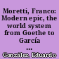 Moretti, Franco: Modern epic, the world system from Goethe to García Márquez, transl : by Quintin Hoare : London ; New York, 1996. / [rezensiert von:] Eduardo González